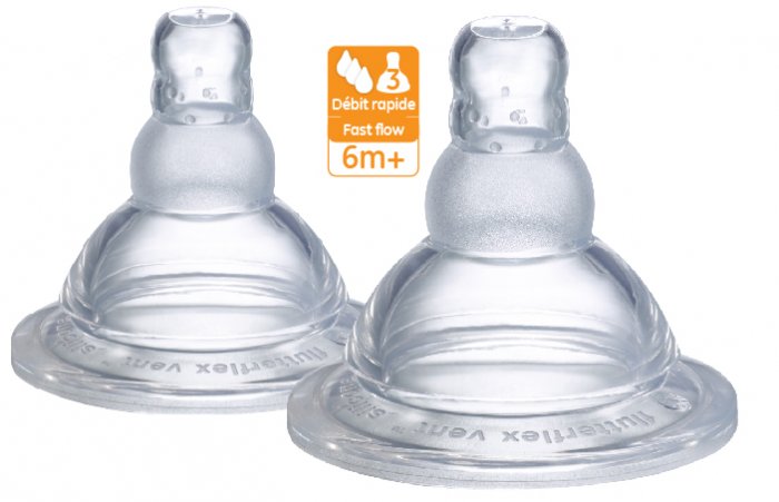 2 silikonowe smoczki do butelki MII Sophie la girafe o szybkim przepływie (uszkodzone opakowanie)